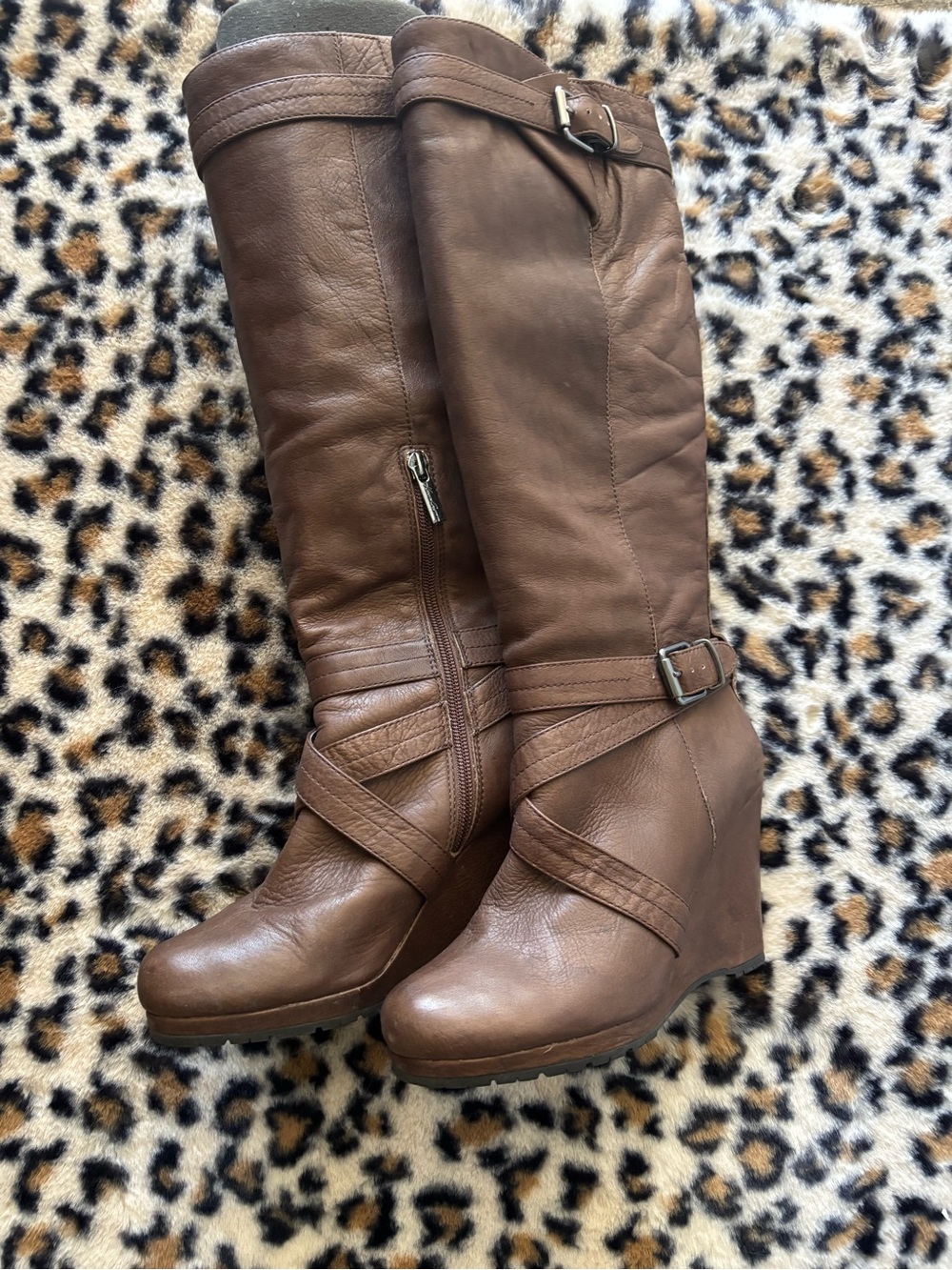 Kenneth Cole Brown Leather Wedge Knee-High Boots Retro